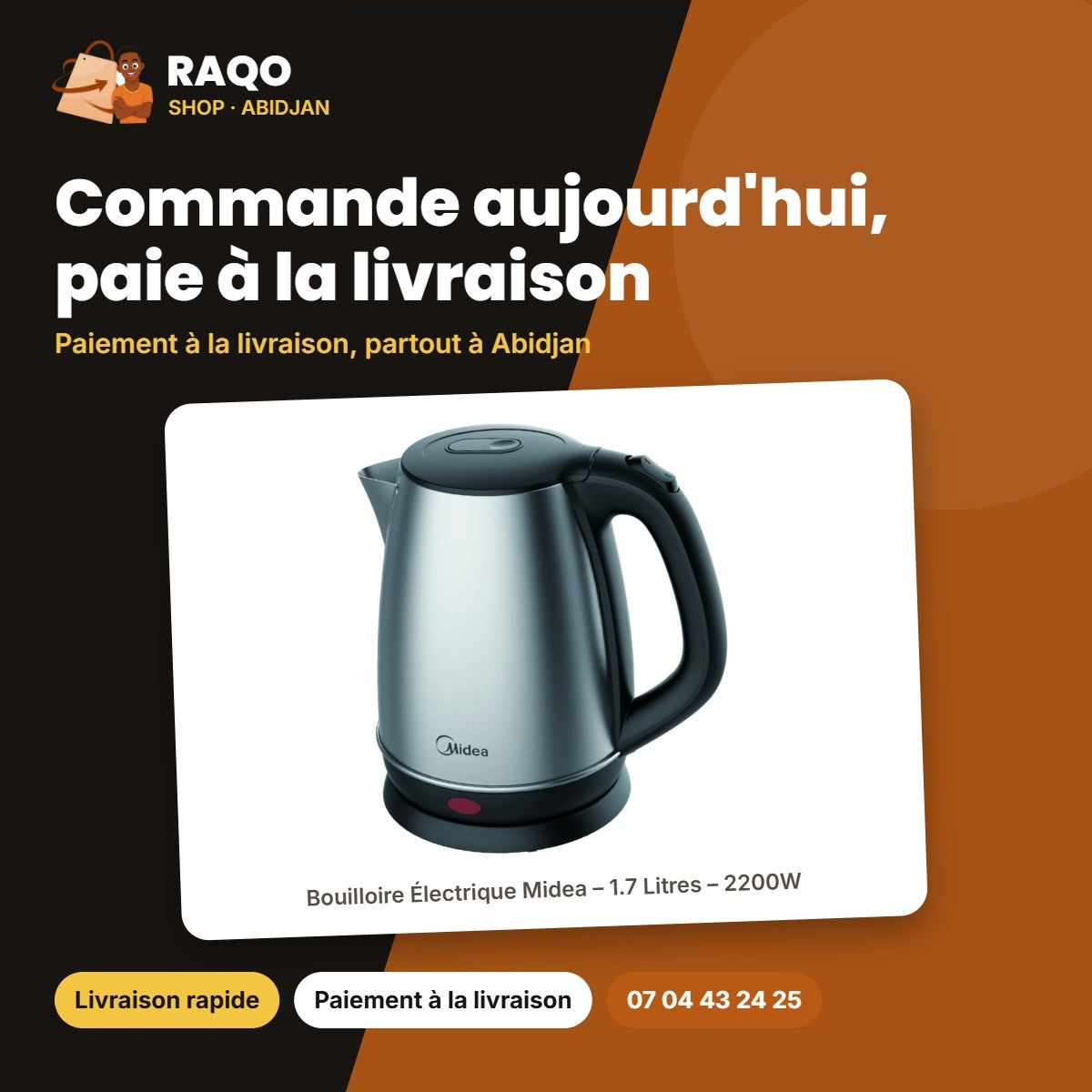Bouilloire Électrique Midea – 1.7 Litres – 2200W – Stainless Steel | MK-17S36A