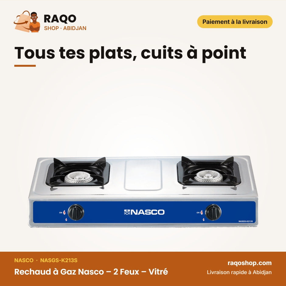Rechaud à Gaz Nasco – 2 Feux – Vitré – Grille Porte Casserole Noir | NASGS-K213S