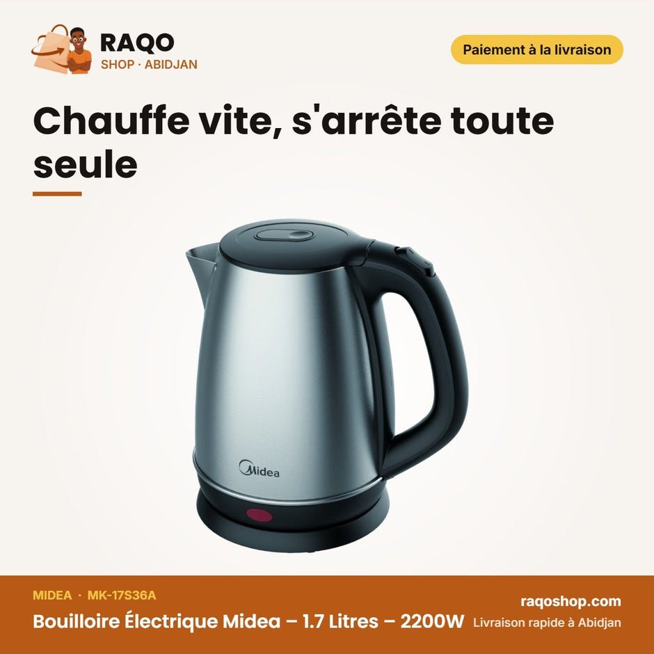 Bouilloire Électrique Midea – 1.7 Litres – 2200W – Stainless Steel | MK-17S36A