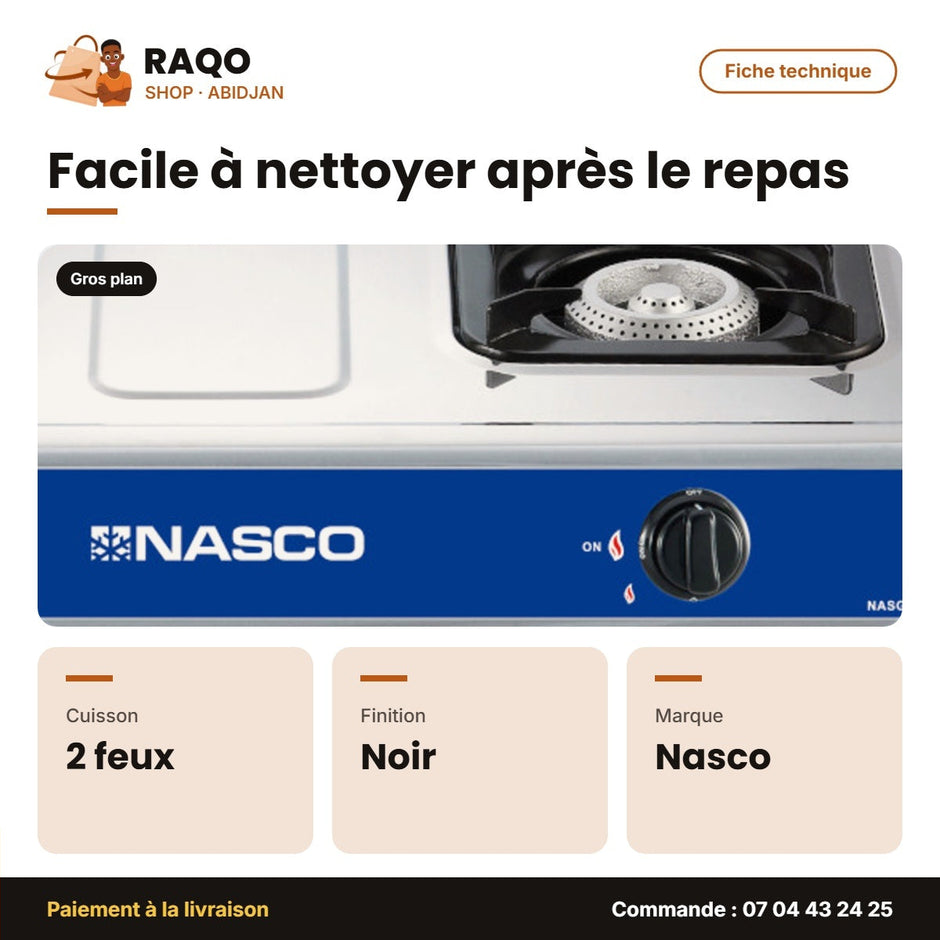 Rechaud à Gaz Nasco – 2 Feux – Vitré – Grille Porte Casserole Noir | NASGS-K213S