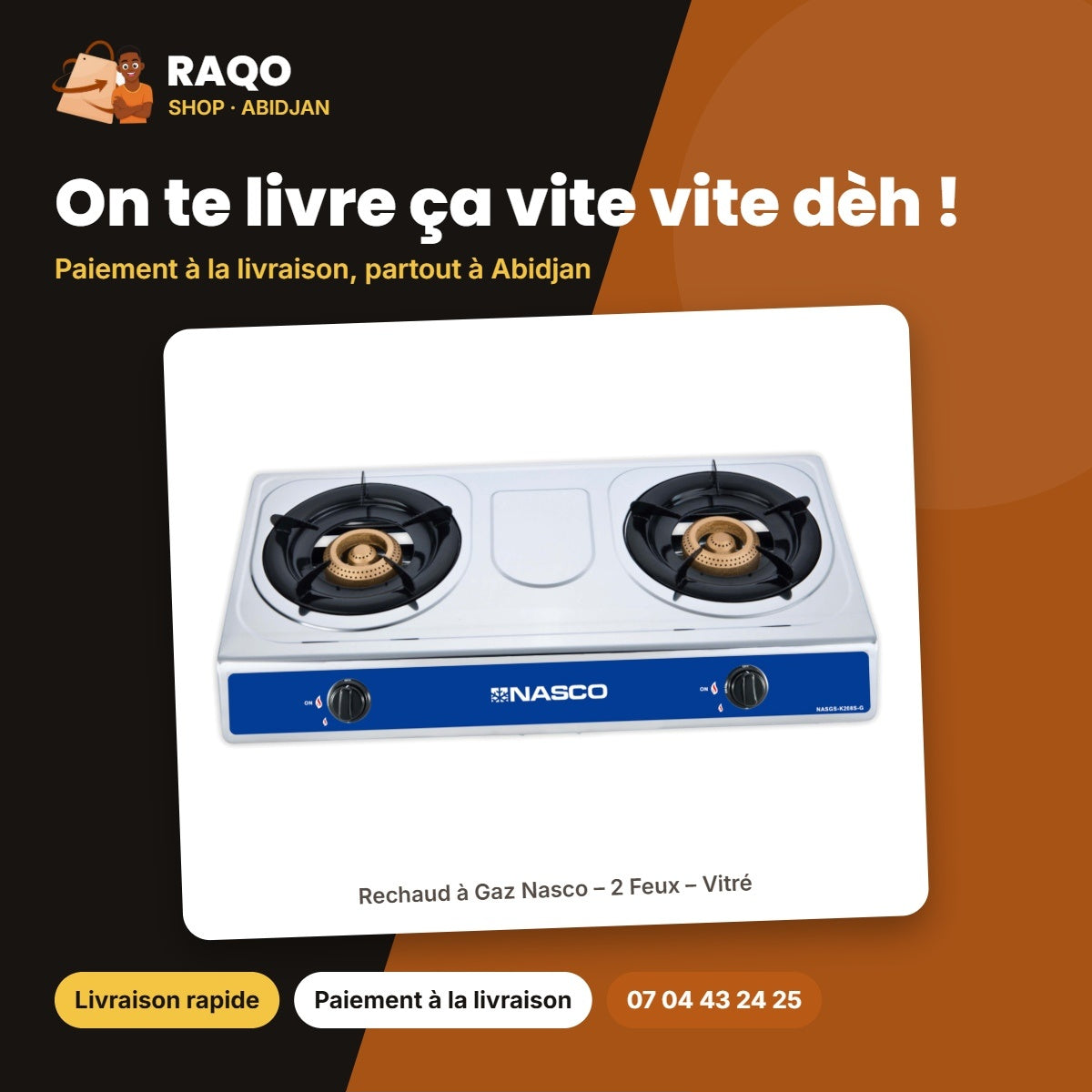 Rechaud à Gaz Nasco – 2 Feux – Vitré – Grille Porte Casserole Noir | NASGS-K208S-G