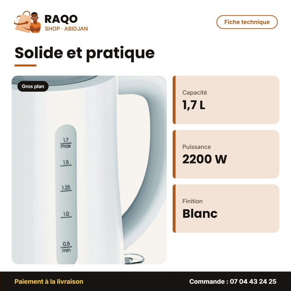 Bouilloire Électrique Midea – 1.7 Litres – 2200W – Blanc | MK-17D18B