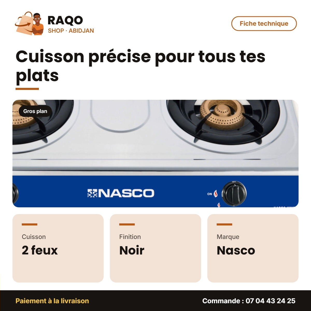 Rechaud à Gaz Nasco – 2 Feux – Vitré – Grille Porte Casserole Noir | NASGS-K208S-G