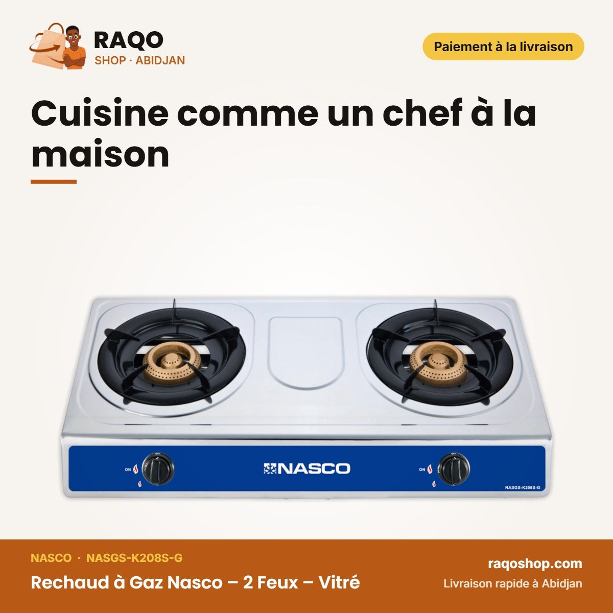 Rechaud à Gaz Nasco – 2 Feux – Vitré – Grille Porte Casserole Noir | NASGS-K208S-G