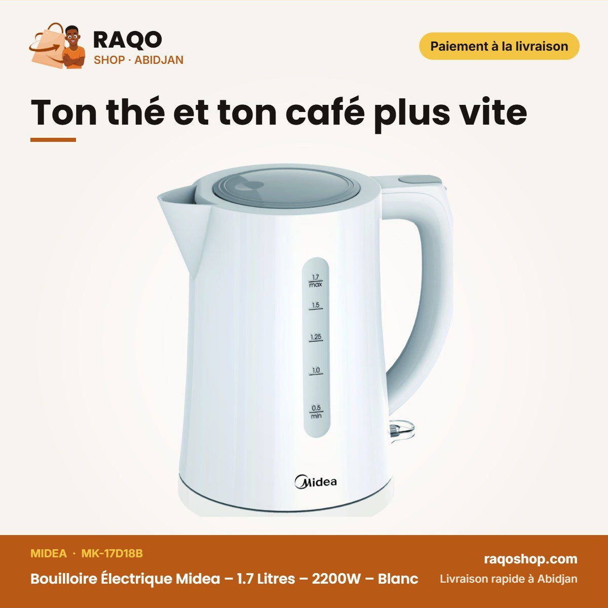 Bouilloire Électrique Midea – 1.7 Litres – 2200W – Blanc | MK-17D18B