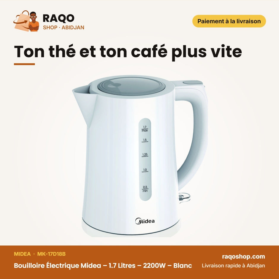 Bouilloire Électrique Midea – 1.7 Litres – 2200W – Blanc | MK-17D18B