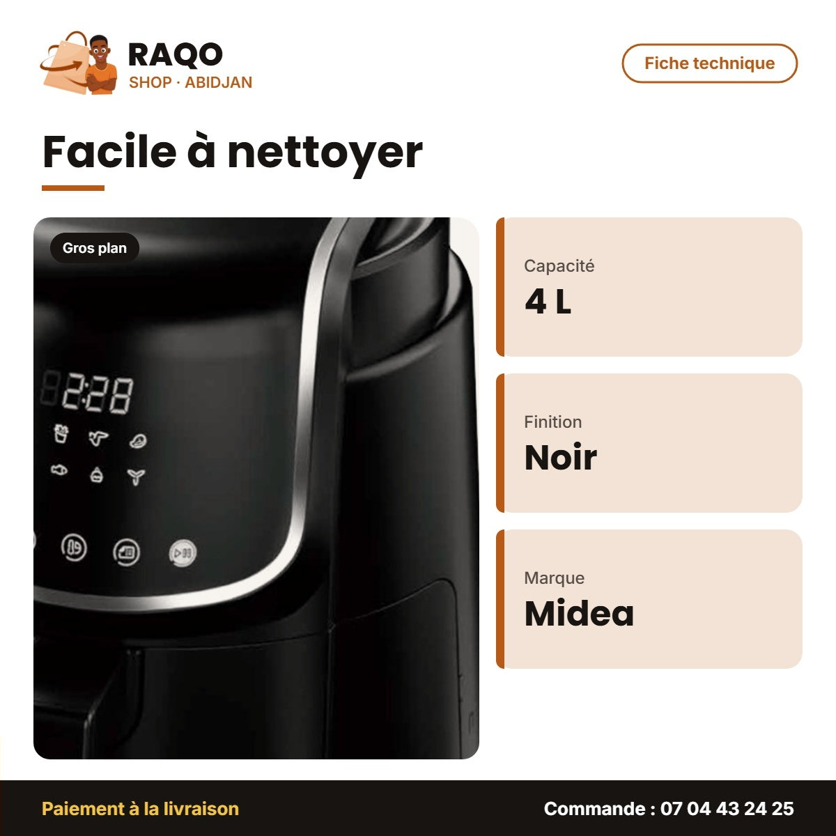 Friteuse à Air Midea – 4 L – Noir – Tiroir Amovible | MF-CN40D2