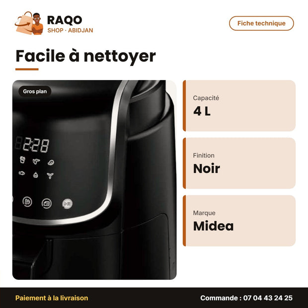 Friteuse à Air Midea – 4 L – Noir – Tiroir Amovible | MF-CN40D2