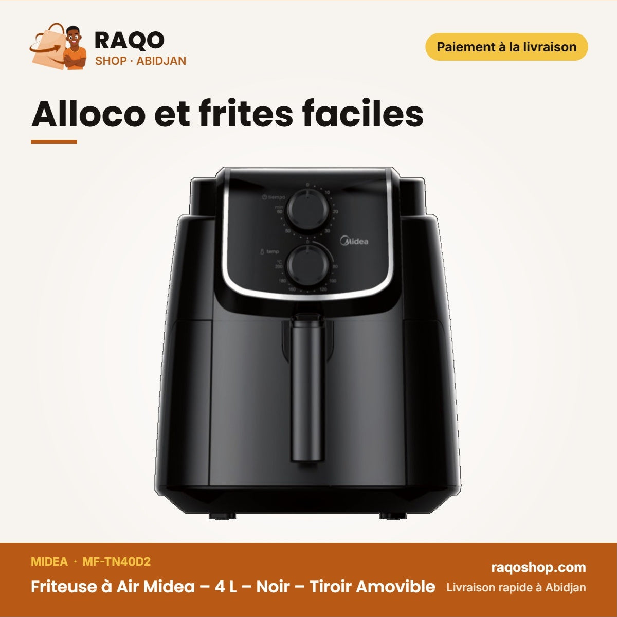 Friteuse à Air Midea – 4 L – Noir – Tiroir Amovible | MF-TN40D2