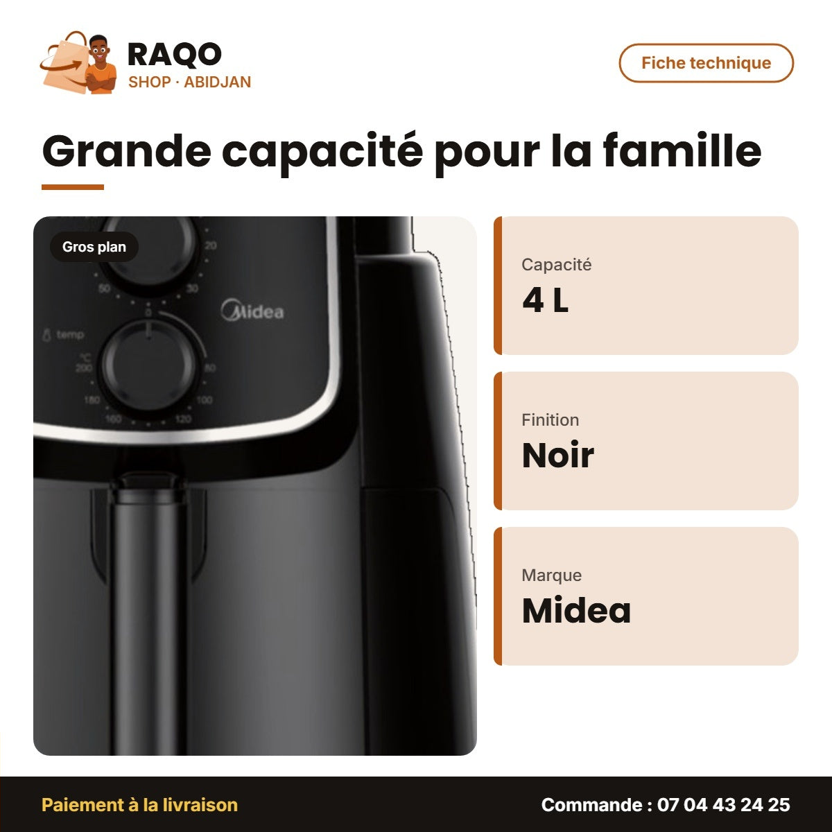 Friteuse à Air Midea – 4 L – Noir – Tiroir Amovible | MF-TN40D2