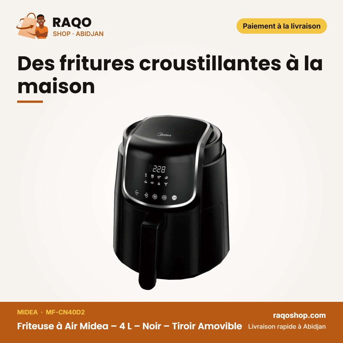 Friteuse à Air Midea – 4 L – Noir – Tiroir Amovible | MF-CN40D2