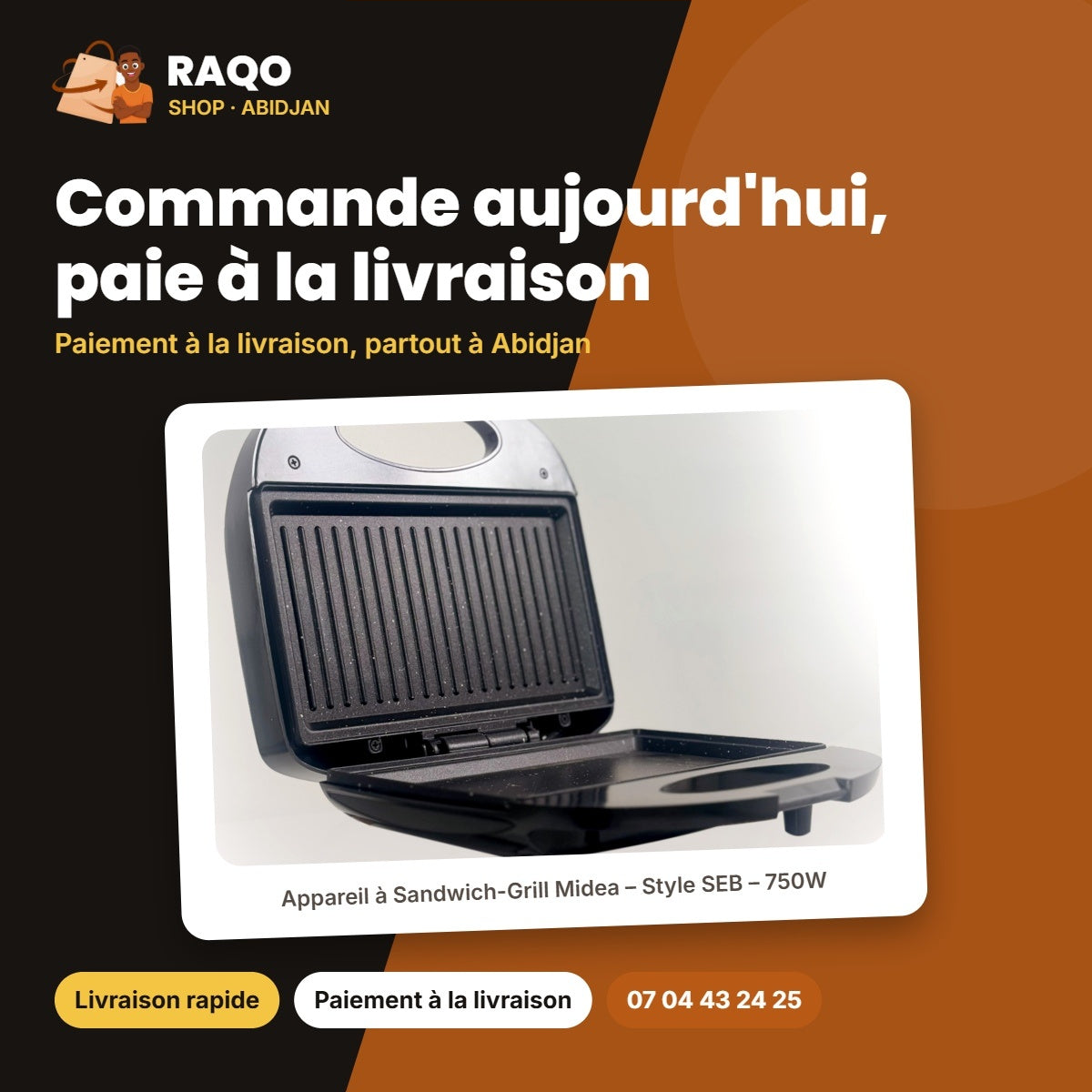 Appareil à Sandwich-Grill Midea – Style SEB – 750W – Inox-Contour Noir | MC-JK2313I