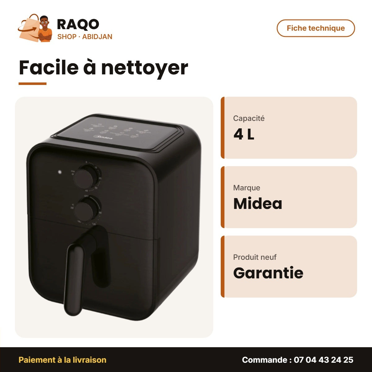 Friteuse à Air Midea – 4 L – 90% Less Oil – 360° Hot Airflow System | MF-TN40E