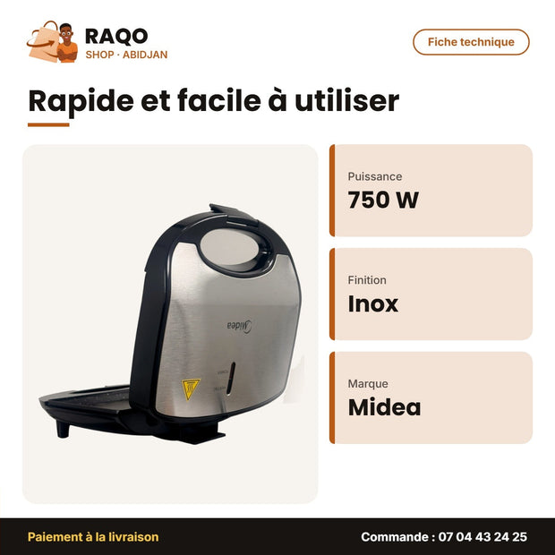 Appareil à Sandwich-Grill Midea – Style SEB – 750W – Inox-Contour Noir | MC-JK2313I