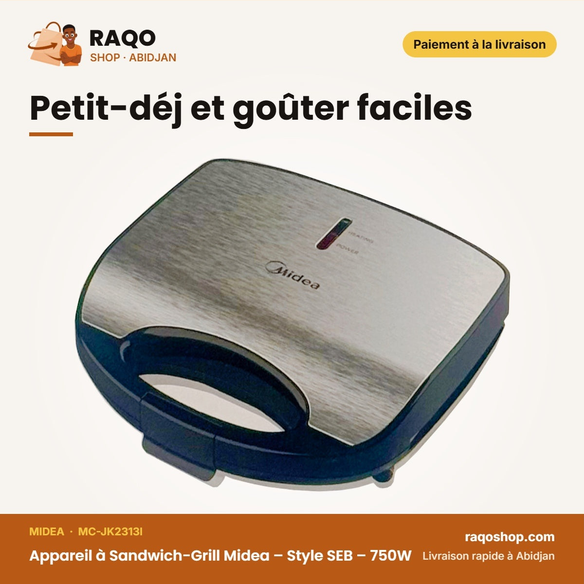 Appareil à Sandwich-Grill Midea – Style SEB – 750W – Inox-Contour Noir | MC-JK2313I