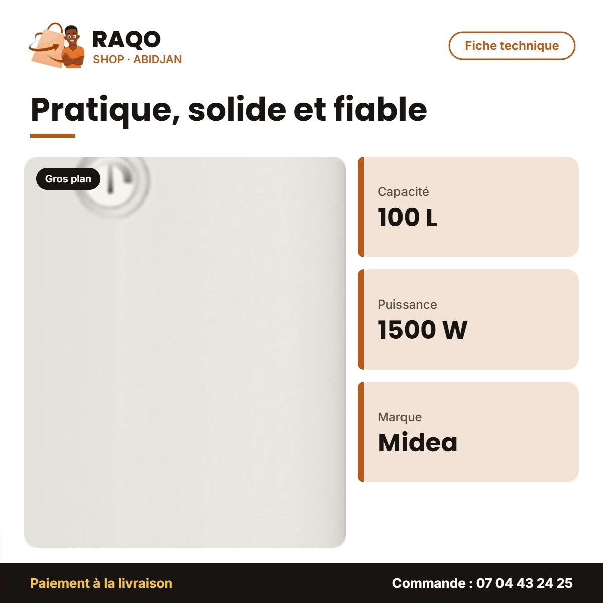 Chauffe Eau El. Vert. Md Midea – 100L – Stockage Scellé – 1500W | M_D100-15FN