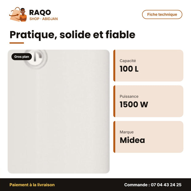 Chauffe Eau El. Vert. Md Midea – 100L – Stockage Scellé – 1500W | M_D100-15FN