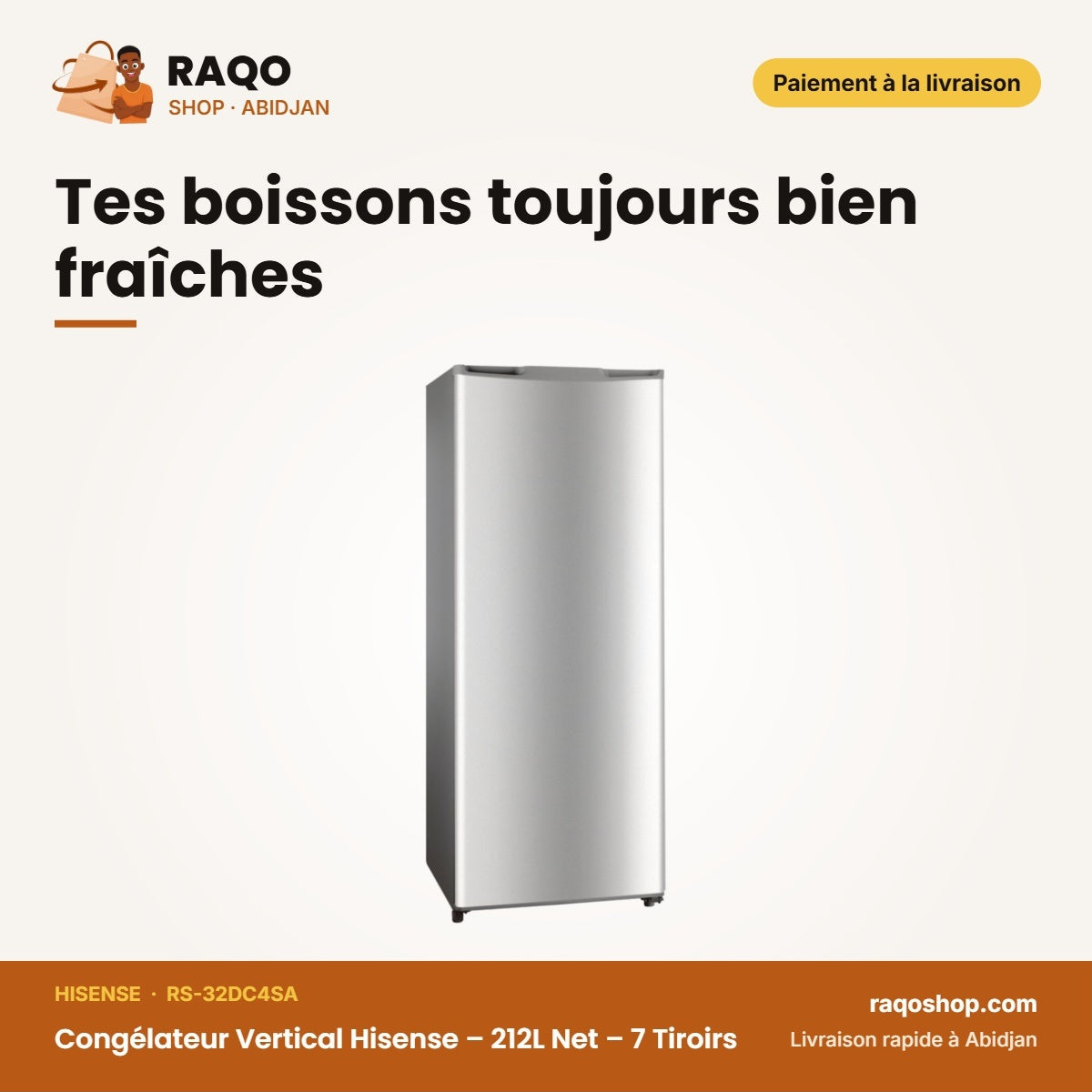Congélateur Vertical Hisense – 212L Net – 7 Tiroirs – Congelation Rapide A+ | RS-32DC4SA
