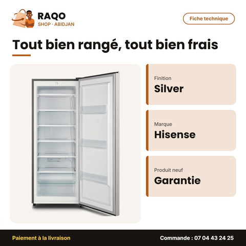 Congélateur Vertical Hisense – 6 Etageres + 1 Tiroir – A+ – Silver | RS-24DC4SA