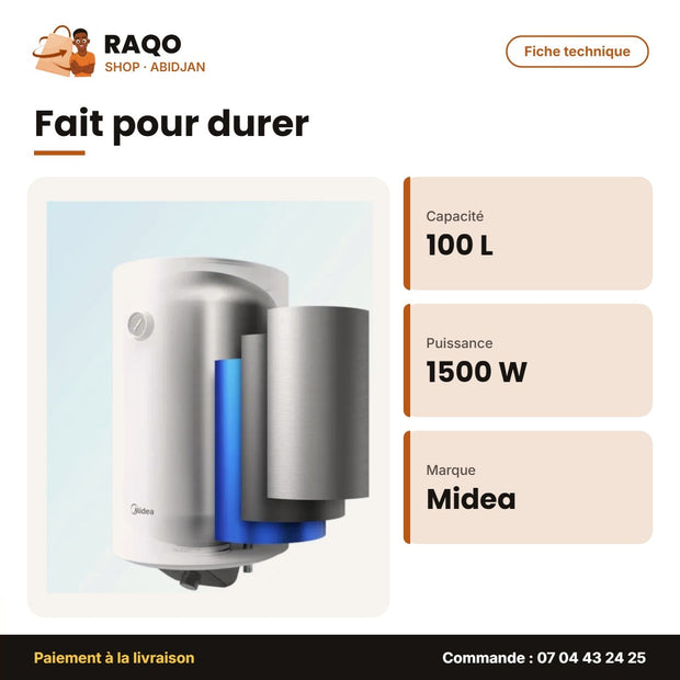 Chauffe Eau Électrique Vertical Midea – 100L – Pot en Émail – 1500W | D100-15FG