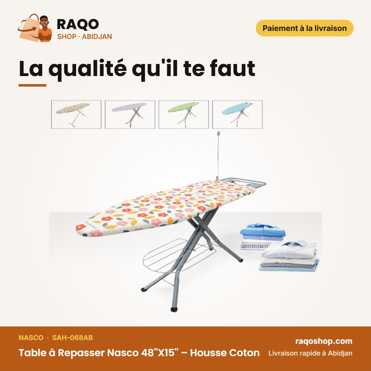 Table à Repasser Nasco 48''X15'' – Housse Coton – Anti Rouille – 4 | SAH-068AB