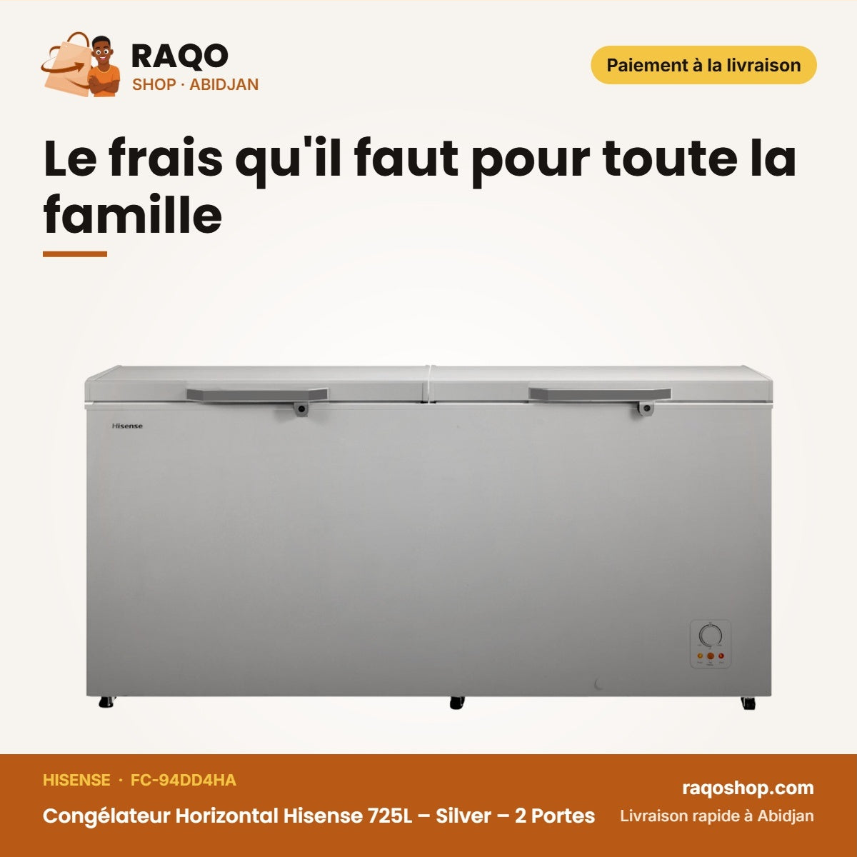 Congélateur Horizontal Hisense 725L – Silver – 2 Portes – Avec Serrure | FC-94DD4HA