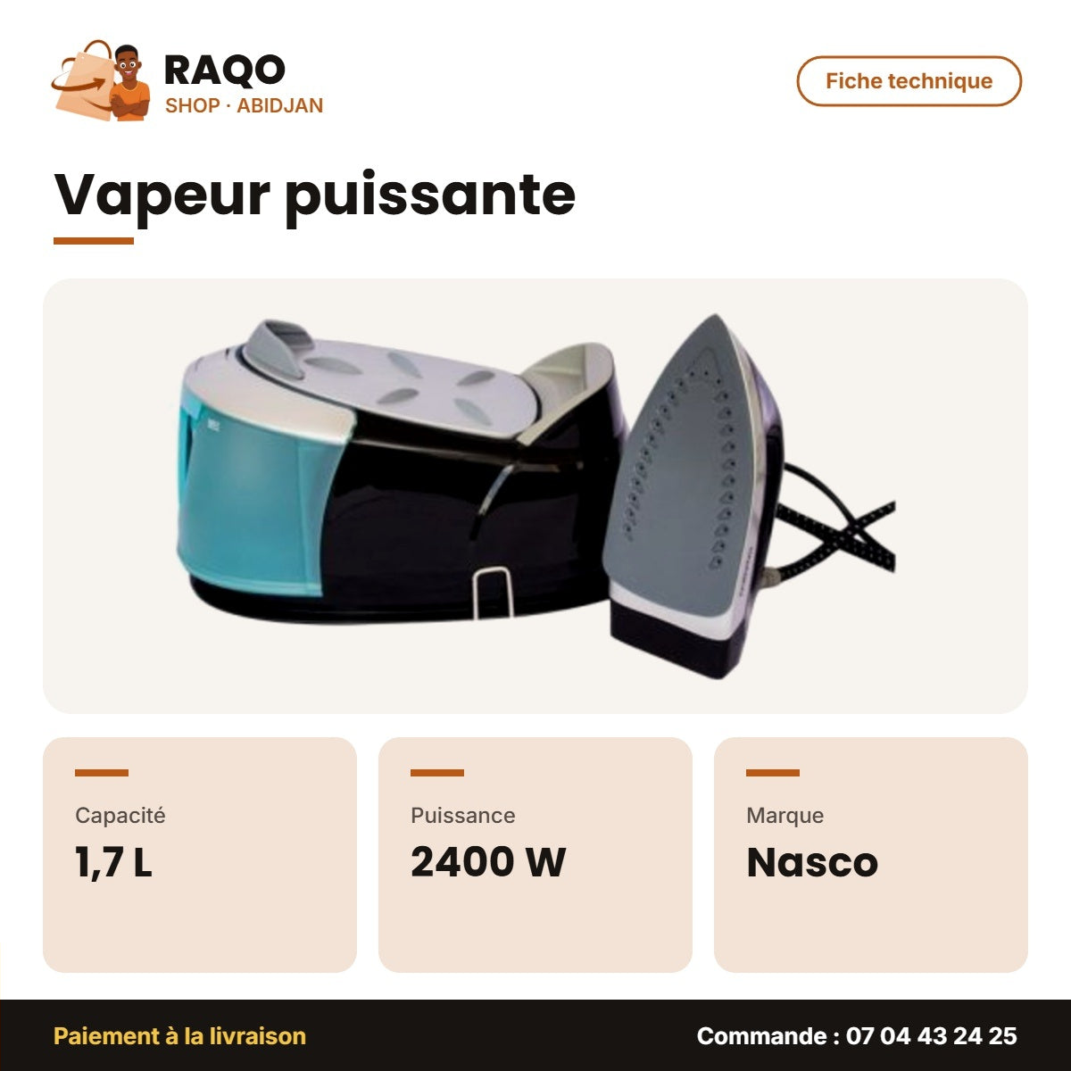 Fer à Repasser avec Centrale à Vapeur avec 1 Base 1.7L 2400W 2 Nasco – Ctn | FR_EC1720