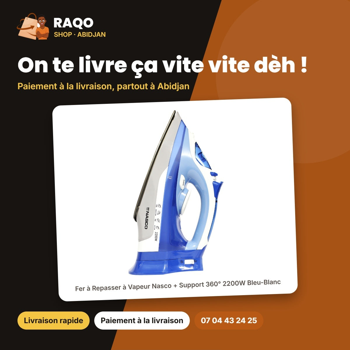 Fer à Repasser à Vapeur Nasco + Support 360° 2200W Bleu-Blanc | FR_NA-8878C