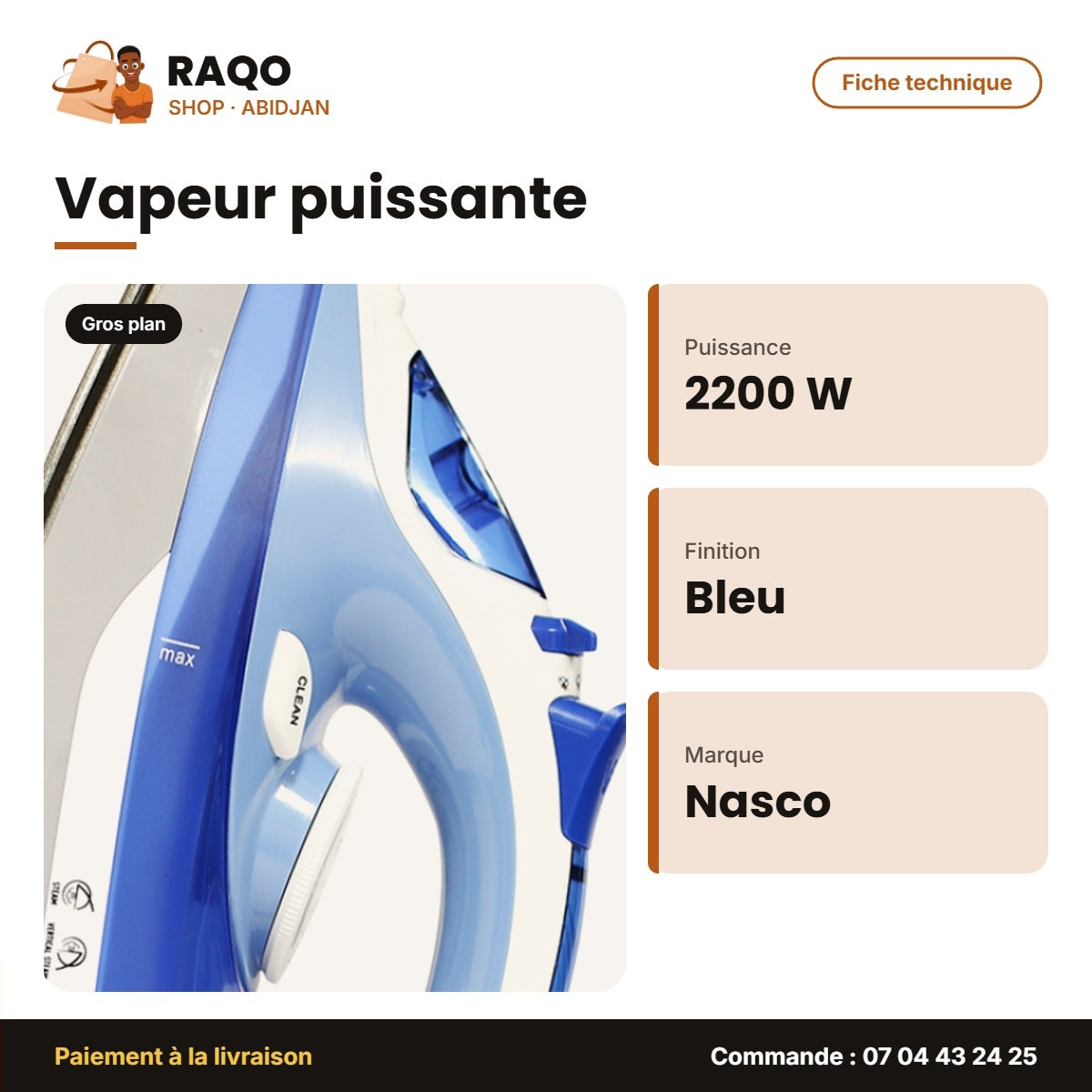 Fer à Repasser à Vapeur Nasco + Support 360° 2200W Bleu-Blanc | FR_NA-8878C