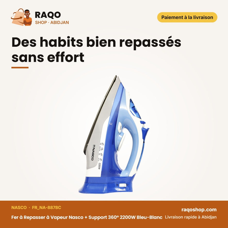 Fer à Repasser à Vapeur Nasco + Support 360° 2200W Bleu-Blanc | FR_NA-8878C