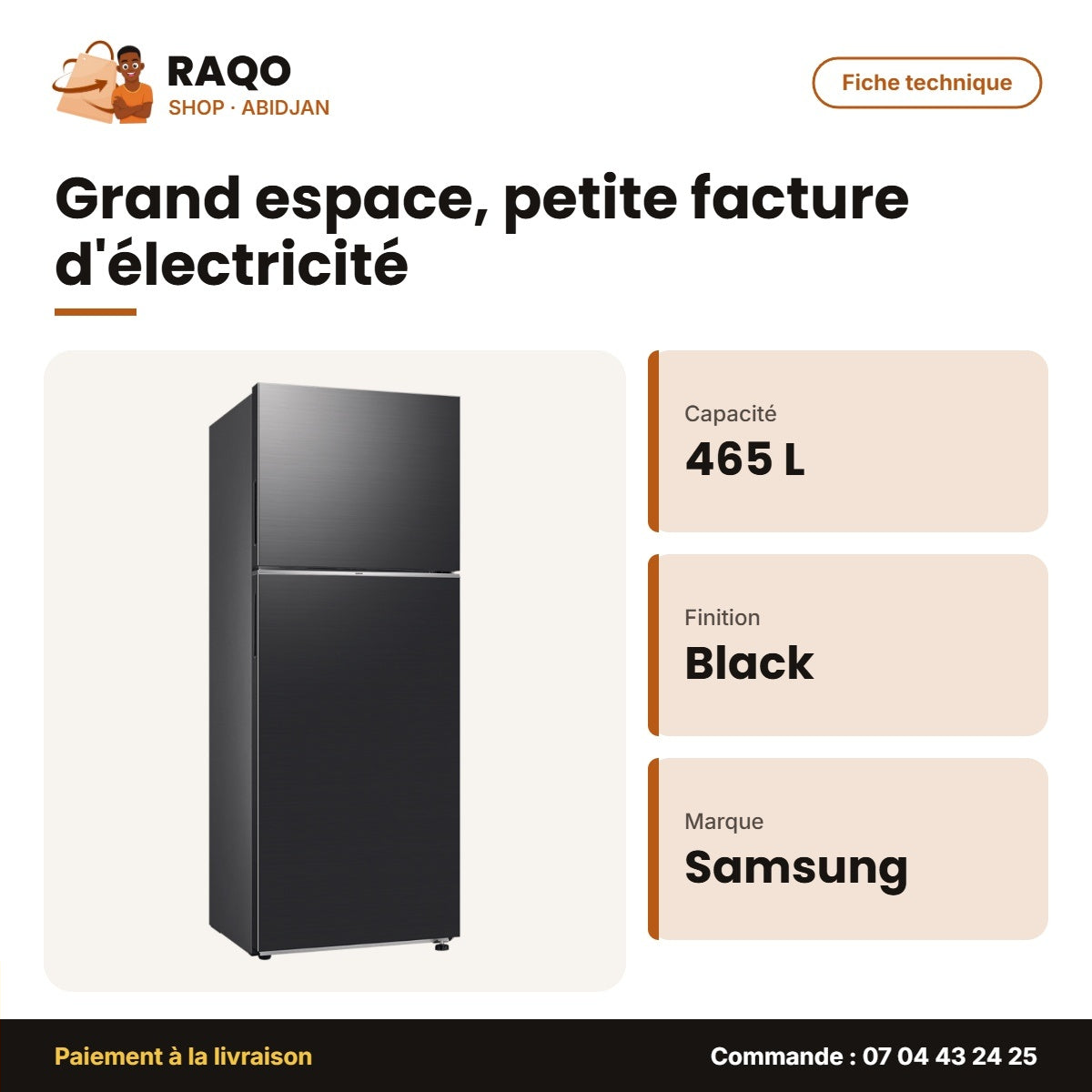 Réfrigérateur Samsung – 465L (357L+108L) – All Around Cooling – Black | RT47CG6631B1UT