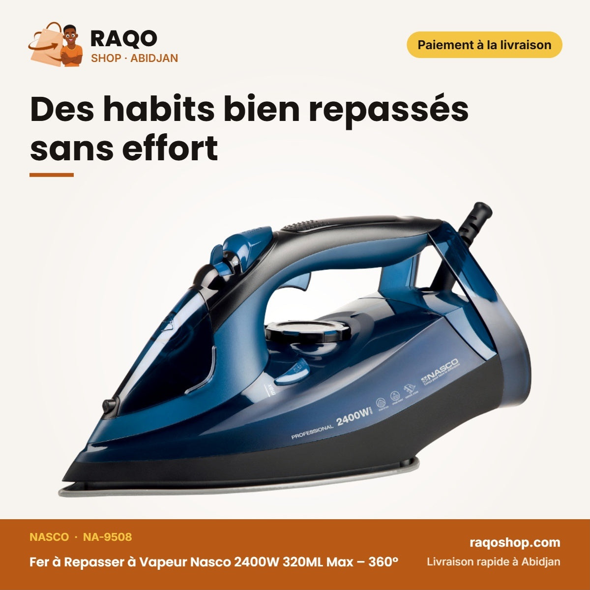 Fer à Repasser à Vapeur Nasco 2400W 320ML Max – 360° – Noir-Bleu Fonce | NA-9508
