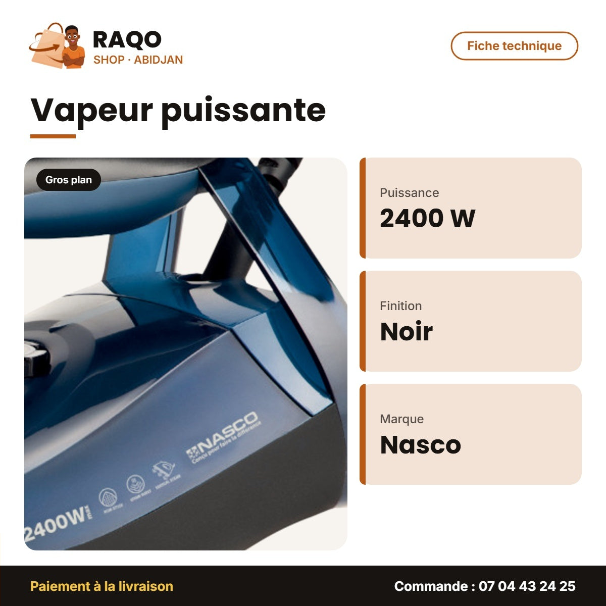 Fer à Repasser à Vapeur Nasco 2400W 320ML Max – 360° – Noir-Bleu Fonce | NA-9508