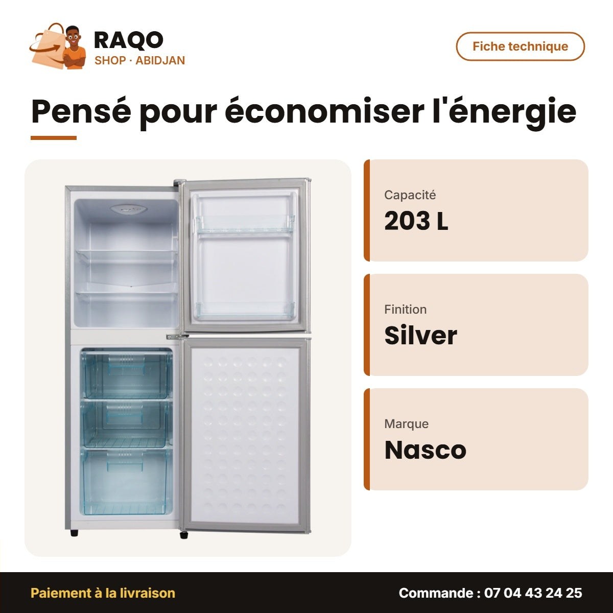 Réfrigérateur Combiné Nasco – 203LT(136LT Net) – 3TIROIRS – Silver | NASD2-203FL