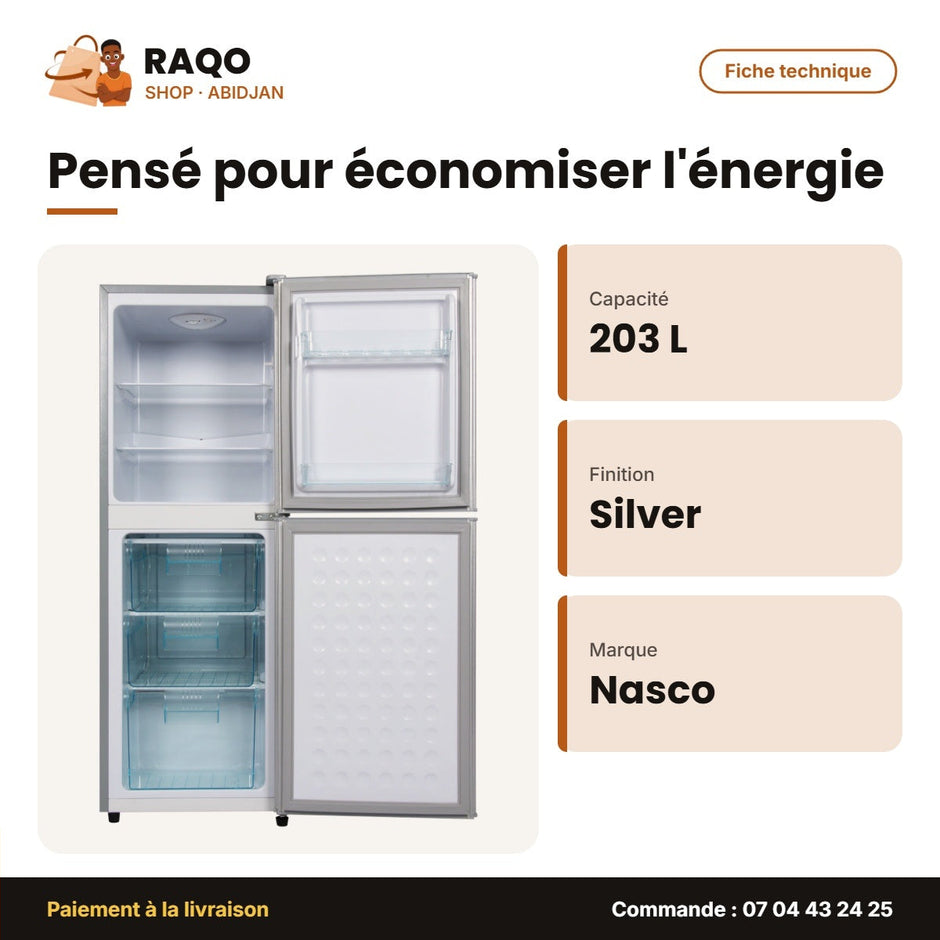 Réfrigérateur Combiné Nasco – 203LT(136LT Net) – 3TIROIRS – Silver | NASD2-203FL