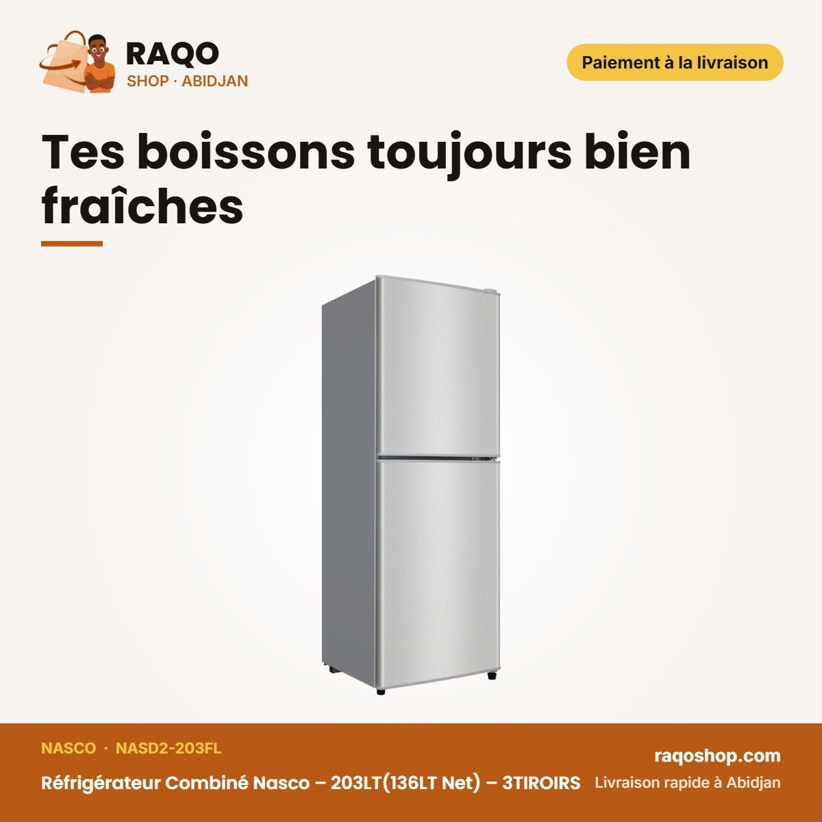 Réfrigérateur Combiné Nasco – 203LT(136LT Net) – 3TIROIRS – Silver | NASD2-203FL