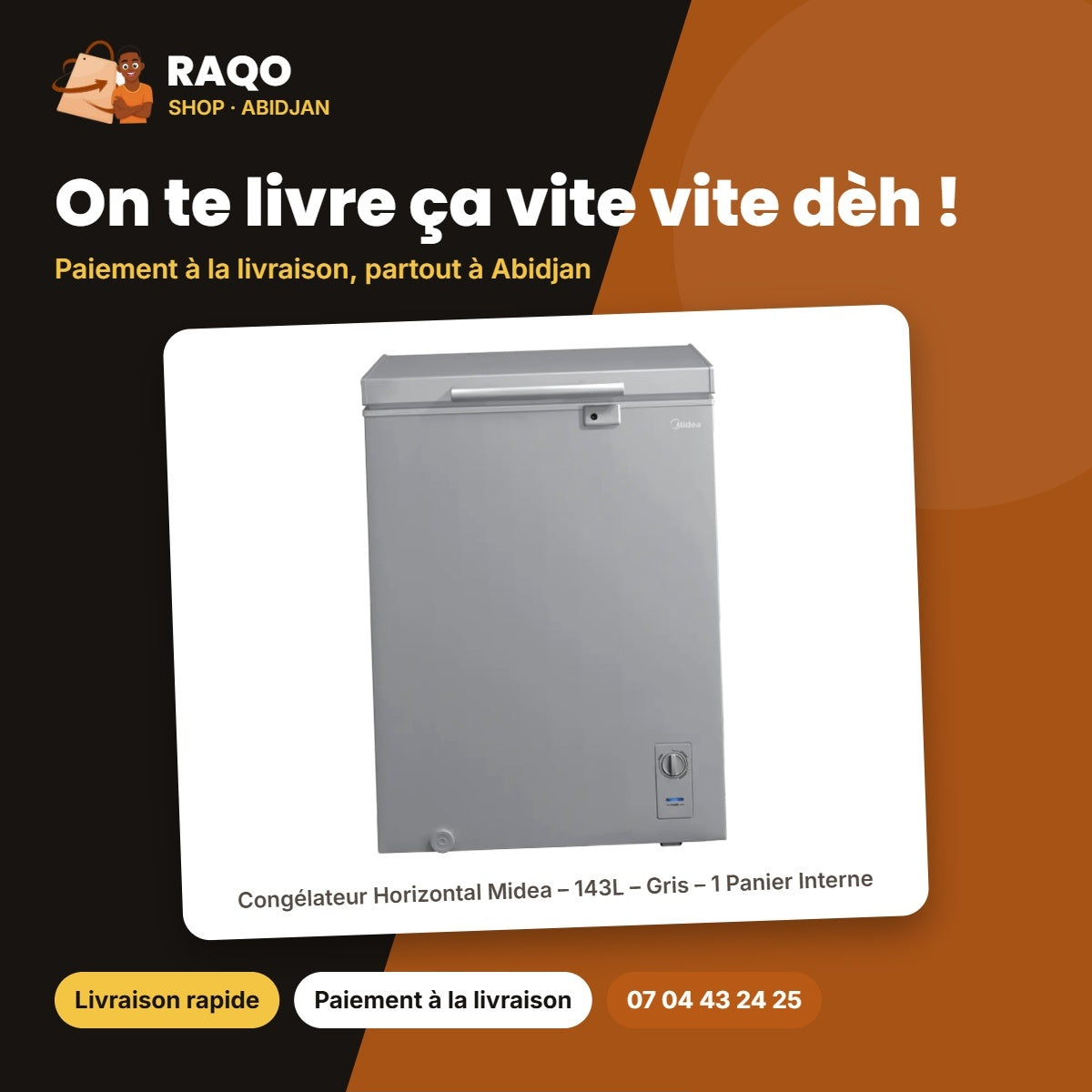 Congélateur Horizontal Midea – 143L – Gris – 1 Panier Interne | MDRC265FZG43D