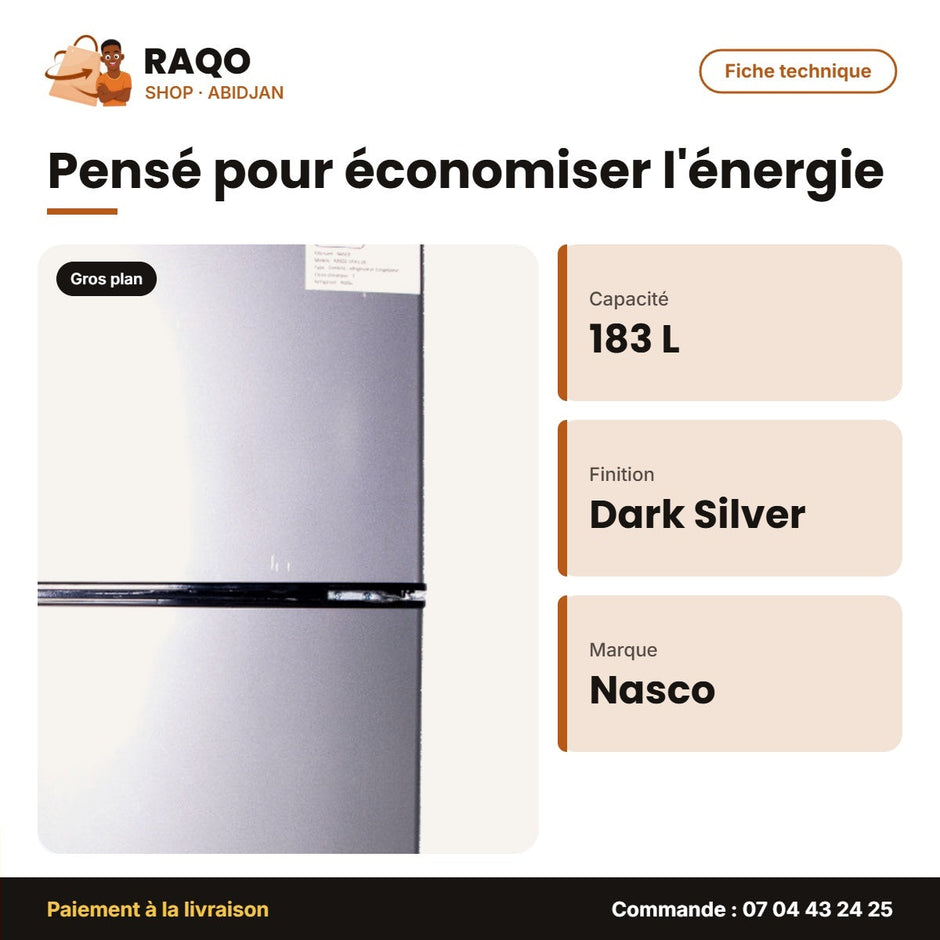 Réfrigérateur Combiné Nasco – 183L(116L Net) – 3TIROIRS – Dark Silver | NASD2-183FL-DS