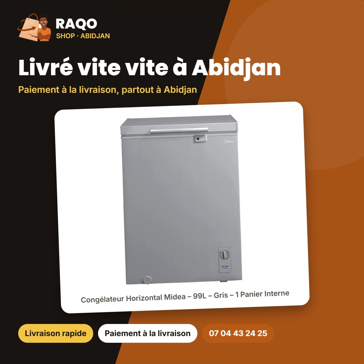 Congélateur Horizontal Midea – 99L – Gris – 1 Panier Interne | MDRC193FZG43D