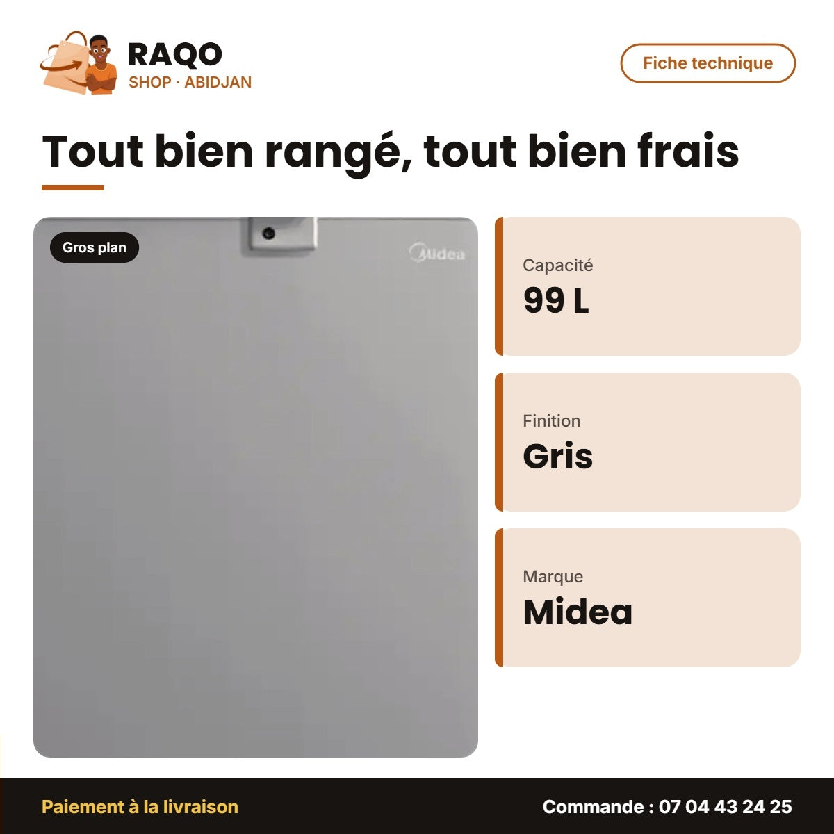 Congélateur Horizontal Midea – 99L – Gris – 1 Panier Interne | MDRC193FZG43D