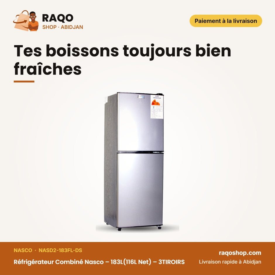 Réfrigérateur Combiné Nasco – 183L(116L Net) – 3TIROIRS – Dark Silver | NASD2-183FL-DS