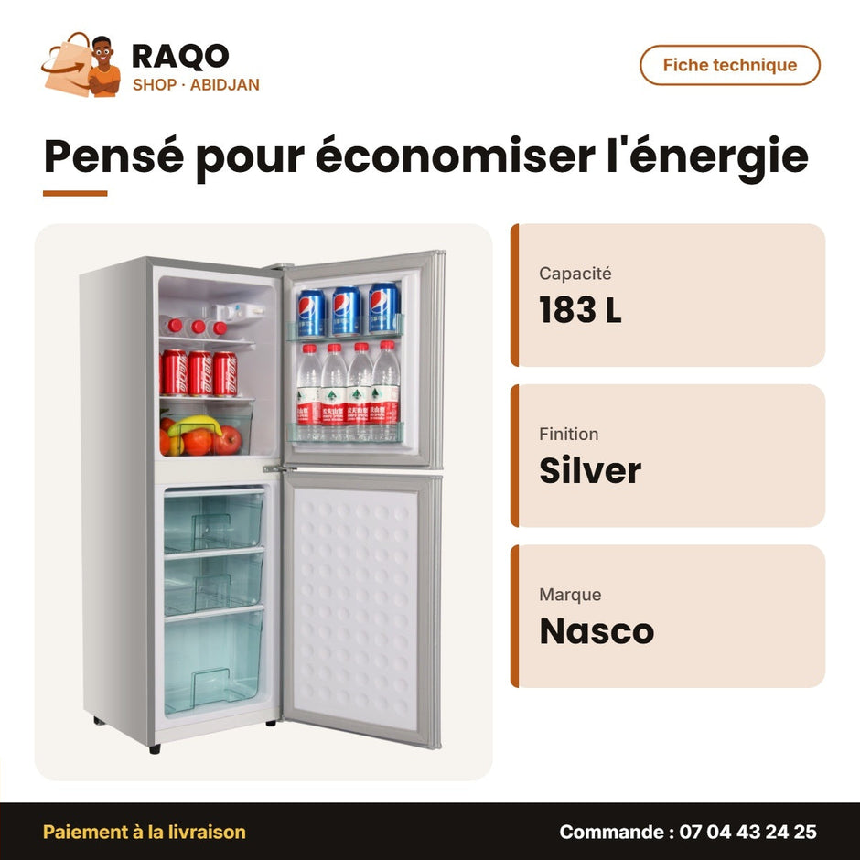 Réfrigérateur Combiné Nasco – 183LT(116LT Net) – 3TIROIRS – Silver | NASD2-183FL