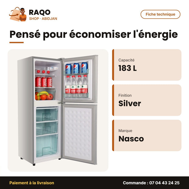 Réfrigérateur Combiné Nasco – 183LT(116LT Net) – 3TIROIRS – Silver | NASD2-183FL