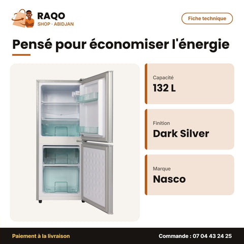 Réfrigérateur Combiné Nasco – 132L(106L Net) – 2TIROIRS – Dark Silver | NASD2-132FL-DS