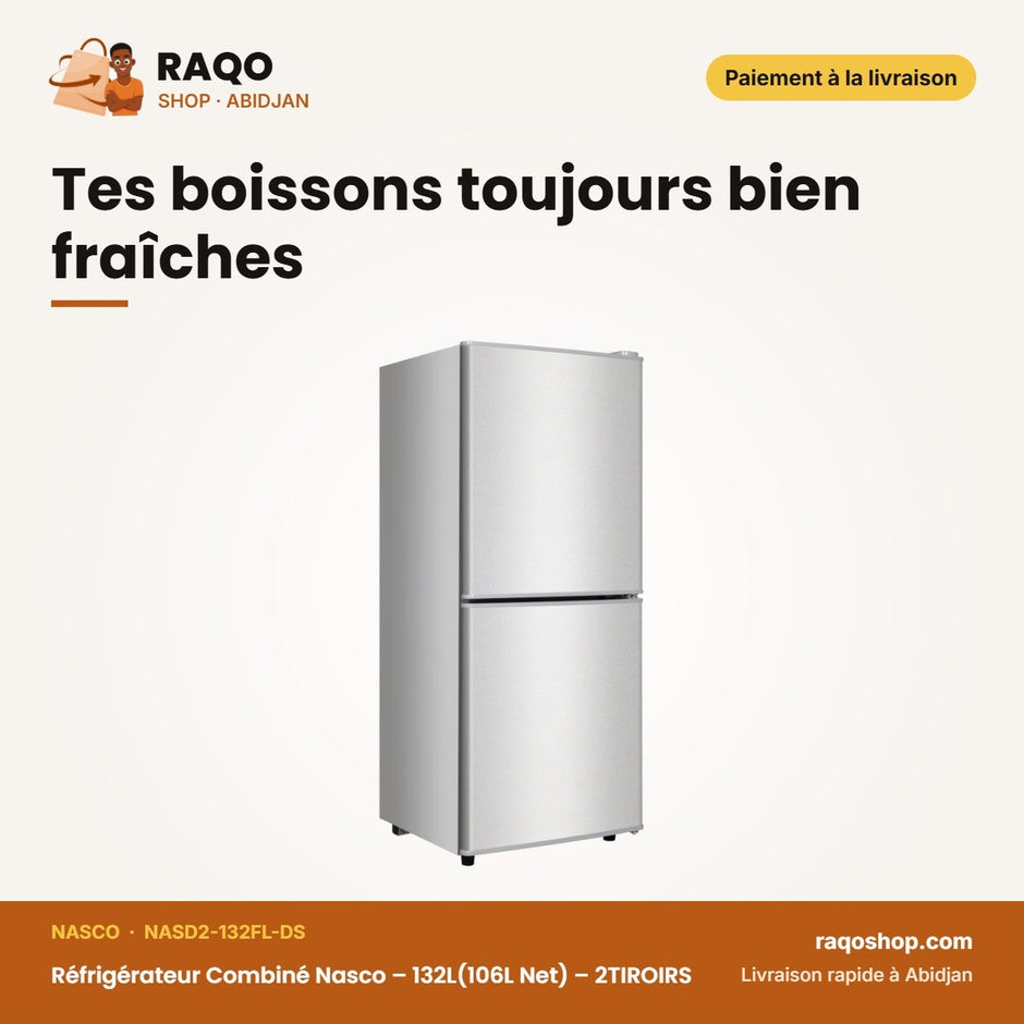 Réfrigérateur Combiné Nasco – 132L(106L Net) – 2TIROIRS – Dark Silver | NASD2-132FL-DS