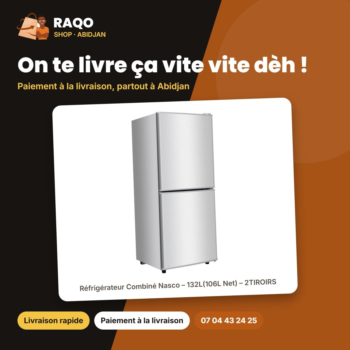 Réfrigérateur Combiné Nasco – 132L(106L Net) – 2TIROIRS – Dark Silver | NASD2-132FL-DS
