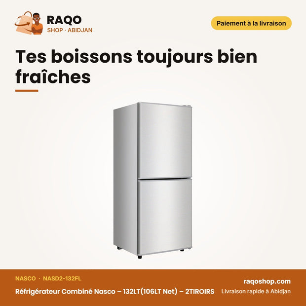 Réfrigérateur Combiné Nasco – 132LT(106LT Net) – 2TIROIRS – Silver | NASD2-132FL