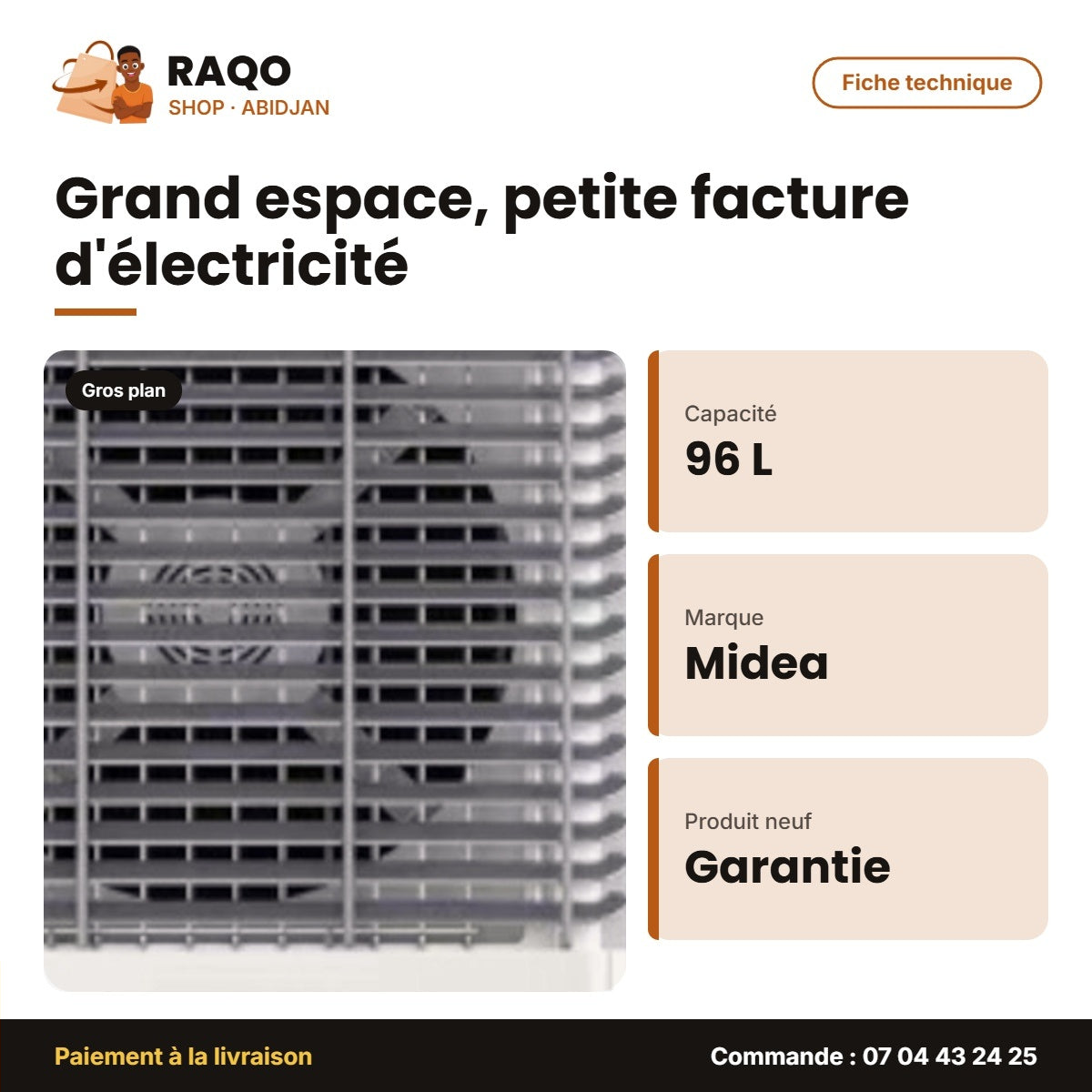 Aérorefroidisseur Midea – Rafraichiss.d'air – Air Cooler – 96L Réservoir. D'eau | AC500-23B