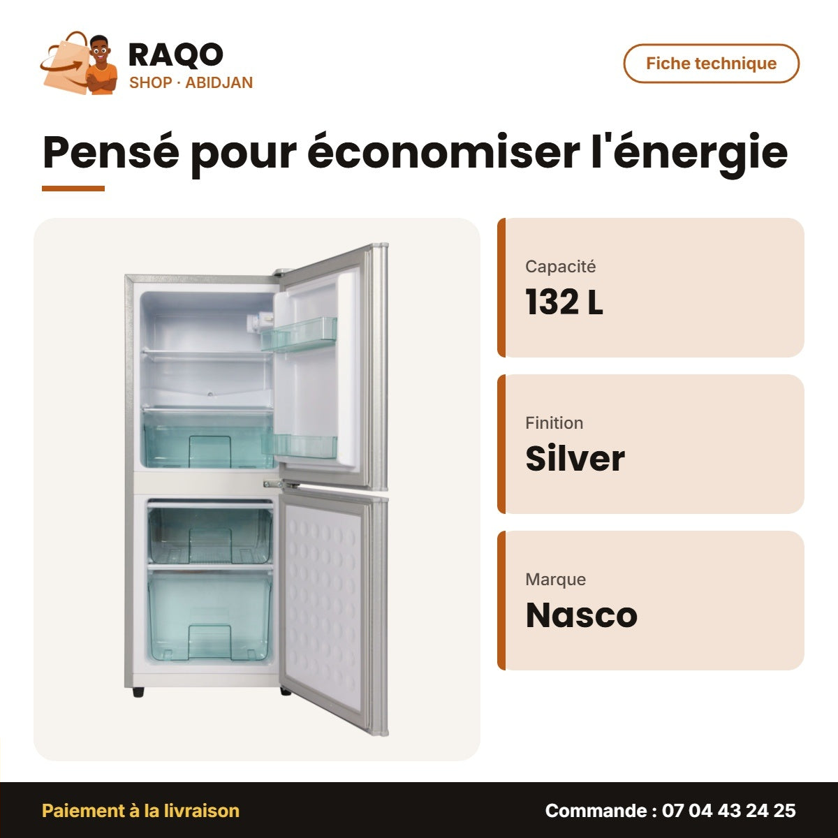 Réfrigérateur Combiné Nasco – 132LT(106LT Net) – 2TIROIRS – Silver | NASD2-132FL