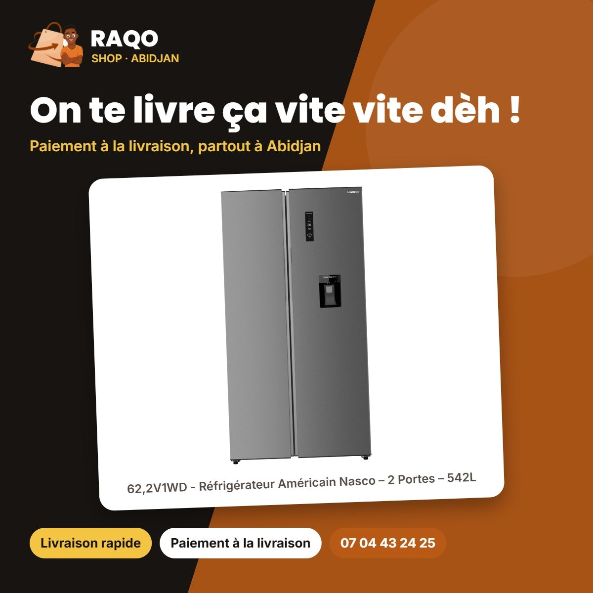 62,2V1WD - Réfrigérateur Américain Nasco – 2 Portes – 542L – Gris | SNASF2-62,2V1WD